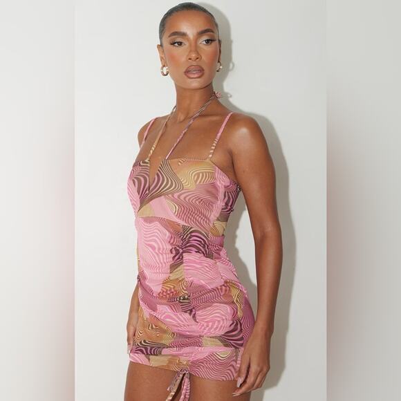 PRETTYLITTLETHING Pink Swirl Print V Bar Ruched Strappy Mesh Bodycon Dress NWT 8 - Picture 1 of 6